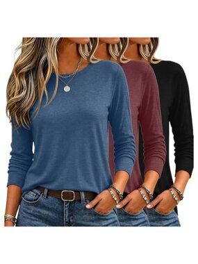 3 Pack Long Sleeve Shirts Loose Fit Crewneck Basic Tunic Tops
